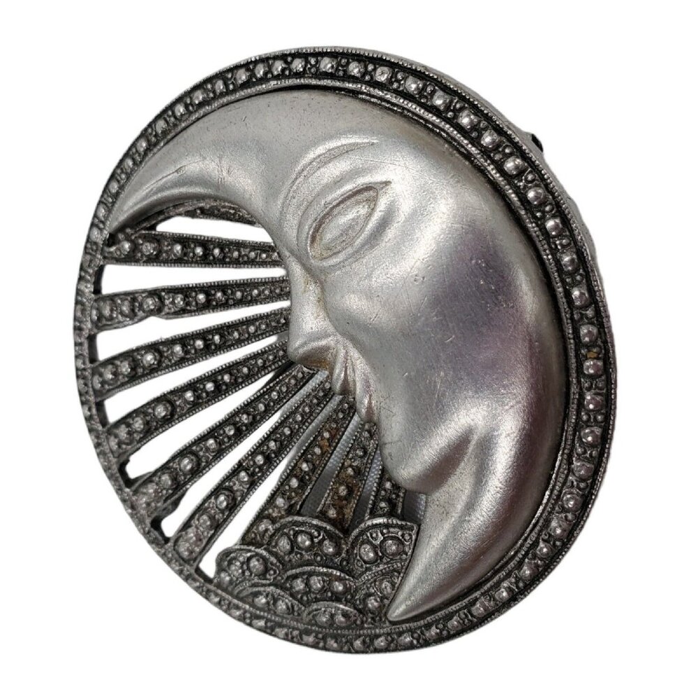 Vtg Man in the Moon Brooch Pin Signed Tona Pewter Silver Tone Faux Marquisite - Picture 4 of 9